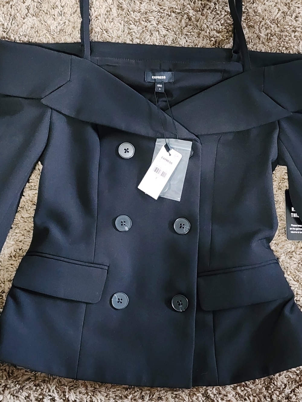 Express Off The Shoulder Double Breast Blazer Black Size 0 (XS) Edgy Professiona - Picture 7 of 11